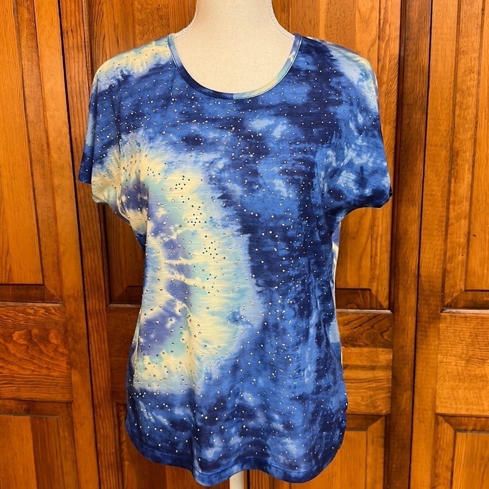 C.D. Petites Cotton Sequined Scoop Neck Tie Dye Tee Dolman Short Cap Sleeve PS